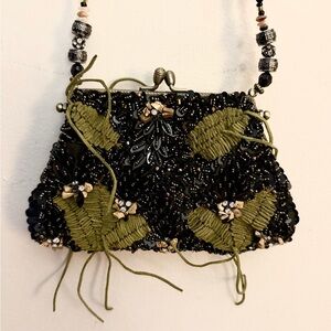 Mary Frances Beaded Evening Bag with Floral/Leaf Design and Metal Frame